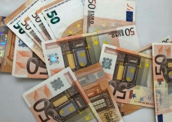 50 euro banknote lot on white surface