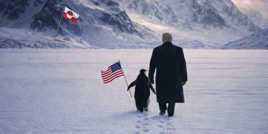 Skandalas: Baltieji rūmai paviešino keistą Trumpo nuotrauką su pingvinu Grenlandijoje