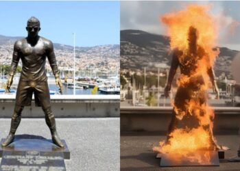 Šokas Madeiroje: įžūlus vandalas padega legendinio Cristiano Ronaldo skulptūrą Funchale