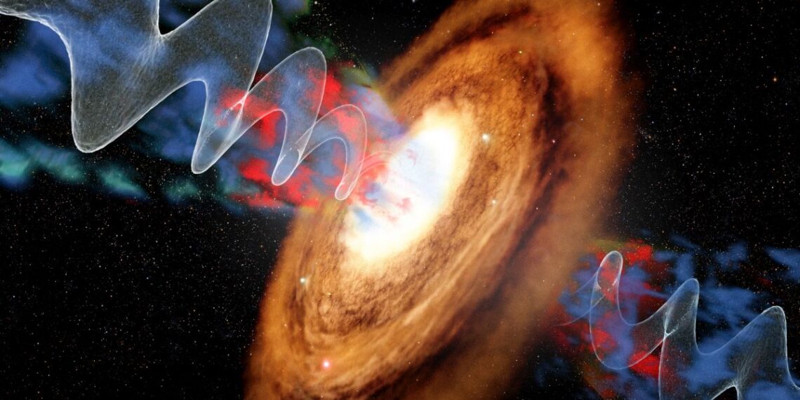 Spiralinė galaktika vidury kosminio: užfiksuoti milžiniški įkaitusių dujų „fontanai“